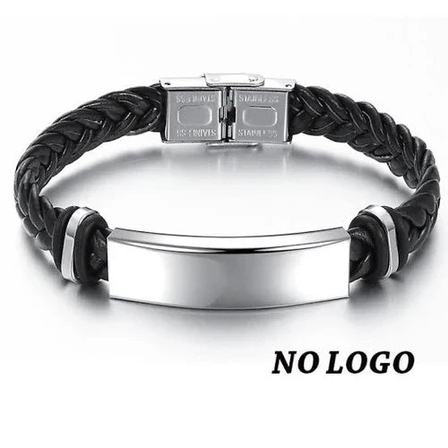 Men's Lather Bracelets - Custom Name Date Logo Engrave Bangle & Bracelet Male Jewelry